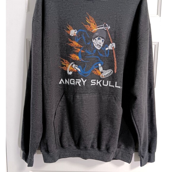 Y2K Grunge Skulls Tultex Hoodie Sweatshirt Men XL Gray Flames Grim Reaper Goth - Picture 3 of 9